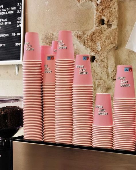 pink to go coffee cups at Bisous Café in Paris | Bisous Café Pink Food Truck, Beef Pares, To Go Coffee, Blondie Bar, To Go Coffee Cups, Pink Cafe, Pink Food, Cafe Cup, La Marzocco