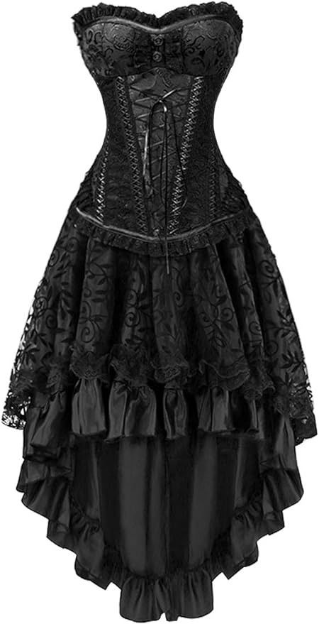 KILLREAL Women's Halloween Party Masquerade Brocade Lace Gothic Corset Skirt Set at Amazon Women’s Clothing store Goth Birthday Outfit, Gothic Skirt Outfit, Gothic Corset Dress, Goth Corsets, Emo Dress, Goth Halloween Costume, Goth Party, Gothic Party, Vampire Dress