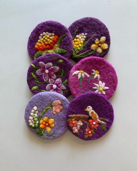 Felt coasters #felt#needlefelting#handmade#craft#coasters#homedecor Needle Felted Coasters Diy, Needle Felted Coasters, Needle Felting Flowers, Craft Coasters, Felted Coasters, Wool Felt Coasters, Wool Coasters, Dry Felting, Wool Painting