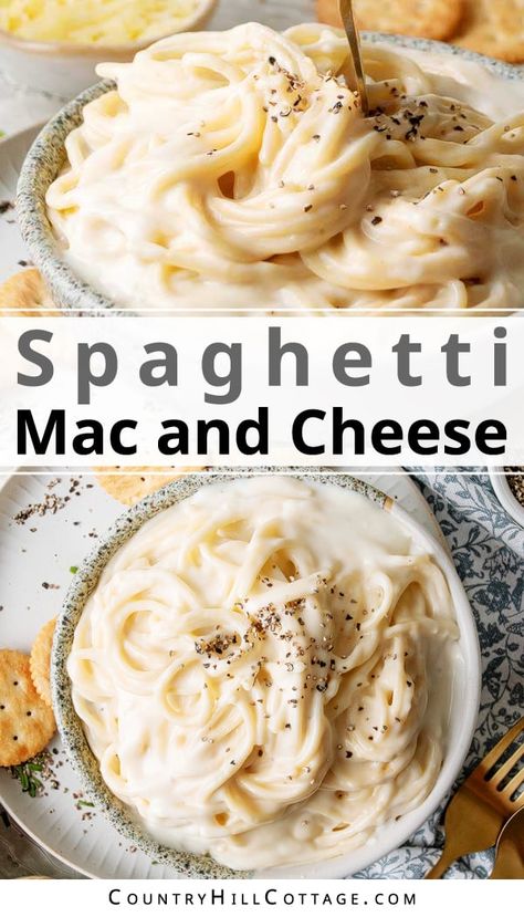 Spaghetti mac and cheese is a quick and easy weeknight meal everyone will love! Spaghetti noodles are perfectly cooked, smothered in a delicious, creamy cheese sauce. Although macaroni is traditionally used, you can also make amazing mac and cheese with spaghetti pasta. It's creamy, cheesy, and utterly delicious. Best of all, this easy one-pot comfort food dish is ready in under 30 minutes, making it the perfect addition to your dinner rotation and side dishes. | CountryHillCottage.com Mac N Cheese With Spaghetti Noodles, Spagetti Noodle Mac And Cheese, Spaghetti Cheese Sauce, Spaghetti Mac And Cheese, Mac And Cheese Spaghetti, Spaghetti And Cheese, Speggetti Recipes, Cheese Noodles, Easy Mac N Cheese