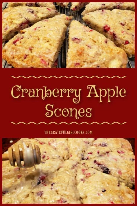 Cranberry Apple Scones with vanilla glaze can be enjoyed for breakfast or a light snack! They're yummy and ready to eat in under 30 minutes! via @gratefuljb Cranberry Walnut Scones, Apple Cranberry Scones, Cranberry Breakfast Recipes, Cranberry Apple Bread, Apple Scones, Cranberry Scones, Scones Recipe Easy, Cranberry Apple, Scones Recipe