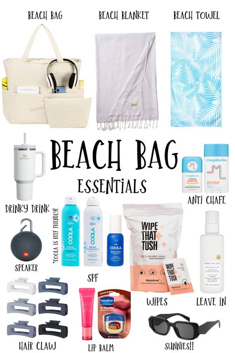 beach bag essentials for this summer ! everything is linked <3 beach bag essentials + beach + bag + summer essentials + summer + road trip + vacation + beach bag + summer bag + self care + it girl + clean girl + beach bag must haves + amazon + linked + spf + sun Travel Essentials Beach Vacations, Beach Road Trip Essentials, Pool Party Bag Essentials, Beach Trip Essentials Packing Lists, Vacation Essentials List The Beach, What To Pack For Beach Day, Packing List For The Beach Vacation, Holiday Must Haves Summer, Pool Day Bag Essentials