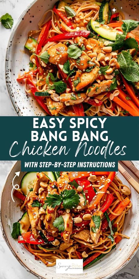 Make these flavorful spicy noodles with bang bang chicken for a delicious Asian-inspired meal. This easy recipe uses Aldi ingredients and is a must-try for noodle lovers. Bang Bang Noodles Recipe, Bang Bang Noodles, Asian Chicken Noodle Recipes, Easy Asian Dinner Recipes, Rice Noodles With Chicken, Chicken Rice Noodle, Aldi Meals, Quick And Easy Weeknight Dinners, Chicken Rice Noodles