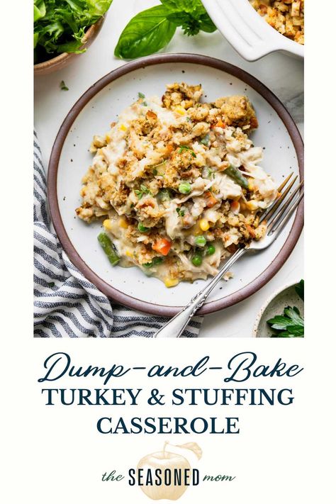 This easy turkey stuffing casserole is a quick dump-and-bake dinner that takes advantage of Thanksgiving leftovers (or a box of Stove Top stuffing mix)! Easy Turkey Stuffing, Turkey Leftovers Recipes, Turkey And Stuffing Casserole, Turkey Stuffing Casserole, Leftover Stuffing Recipes, Stuffing Leftovers, Thanksgiving Leftover Casserole, Bake Dinner, Leftover Turkey Casserole