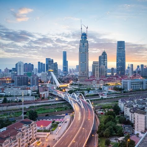 beautiful tianjin at dusk By chuyu2014’s photos #Ad , #ad, #beautiful, #tianjin, #dusk Shanghai Skyline, City Road, Tianjin, Night Scene, Matte Painting, Landscape Trees, Shanghai, Cityscape, New York Skyline