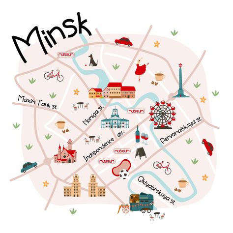 cute map of Minsk, map with landmarks Route Map Design, Muffin Illustration, Map Art Illustration, Maps Illustration Design, City Maps Illustration, History Infographic, Asia Map, Creative Infographic, Hand Drawn Map