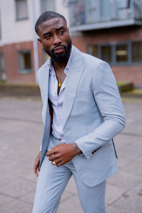 Black Man Blue Suit, Italian Mens Suits, Powder Blue Suit Men, Suits For Dark Skinned Men, Powder Blue Suit, Powder Blue Outfit, Slim Fit Groom Suit, Blue And White Suit