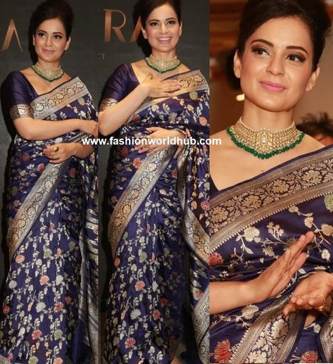 For the Launch of Titan Taneira Store( A product of TATA)  in New Delhi, Kangana Ranaut was seen in a blue handloom silk saree Paired with matching silk blouse by ' Titan Taneira Store' and she completed her look with statement necklace , up do hair and pink lips. Celebrity Saree, Twenties Style, Handloom Silk Saree, Blue Silk Saree, Banaras Sarees, Saree Jewellery, Banarsi Saree, Kangana Ranaut, Female Dress