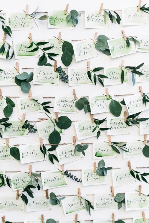 We're fans of all sorts of watercolors, but green especially. SposiamoVi, Il Profumo Dei Fiori, and Bright Room Studio teamed up to create this sage-colored escort card display. Sage Green Wedding Theme, Green Wedding Theme, Olive Green Weddings, Green Wedding Inspiration, Bright Room, Green Themed Wedding, Wedding Name Cards, Pretty Leaf, Sage Wedding