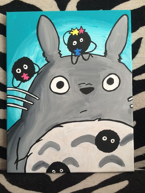 Totoro Painting Easy, Anime Easy Painting Ideas, Soot Sprite Painting, Totoro Canvas Painting, Basic Canvas Painting, Studio Ghibli Canvas Painting, Kawaii Paintings On Canvas, Totoro Painting, Totoro Drawing