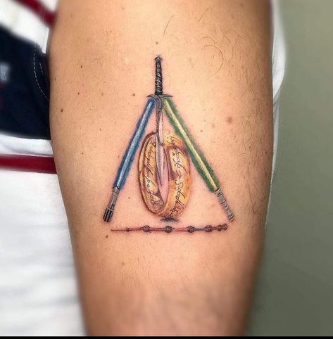 Harry Potter Ring Tattoo, Starwars Tattoo Girly, Star Wars And Lord Of The Rings Tattoo, Star Wars Tattoo Inspiration, Star Wars And Harry Potter Tattoo, Harry Potter Lord Of The Rings Tattoo, Lord Of The Ring Tattoos, Lotr Inspired Tattoos, Harry Potter Star Wars Tattoo