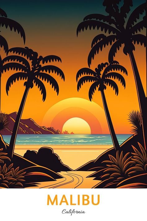 Malibu Poster, Posters Colorful, Art Plage, City Cartoon, Art Terms, New Background Images, Retro Travel Poster, Beach Posters, Art Tropical