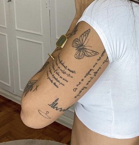 Paragraph Tattoos For Women On Arm, Arm Female Tattoo, Script Tattoo Arm, Patch Work Tattoo Sleeve Women, Arm Writing Tattoo, Sleeve Tattoo Women, Tattoo Sentences, Dragonfly Tattoo Design, Hand And Finger Tattoos