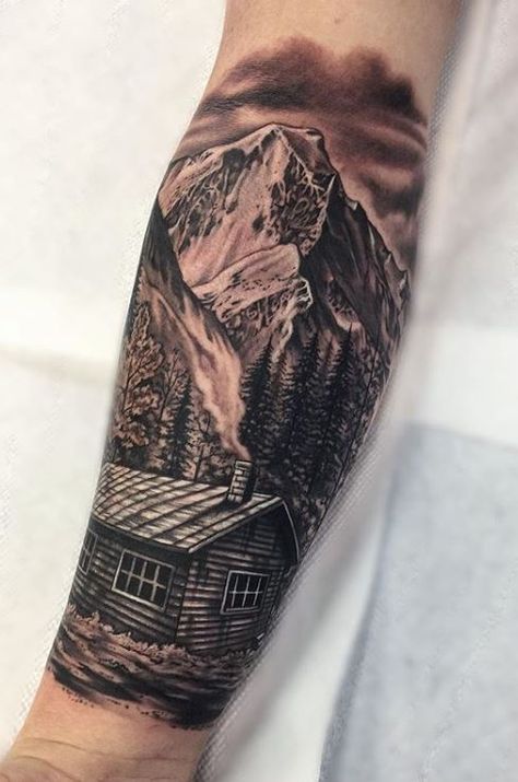 Mountain Sleeve Tattoo, Cabin Tattoo, Woods Tattoo, Hill Tattoo, Moutain Tattoos, Nature Tattoo Ideas, Wood Tattoo, Cool Nature, Nature Tattoo Sleeve