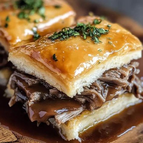 French Dip Squares - Recipecs Garlic Bread French Dip Sandwiches, French Dip Squares With Crescent Rolls, French Dip Squares, Sausage Cream Cheese Crescents, Fall Sandwiches, Cheesy Potato Bake, Sausage Cream Cheese, Pork Chops And Potatoes, Sliced Roast Beef