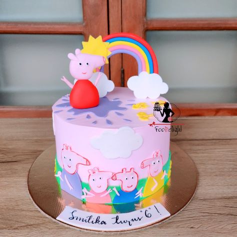 Cute little pink peppa pig cake with a rainbow for ur little ones birthday Homemade Peppa Pig Birthday Cake, Peppa Pig Birthday Cake Muddy Puddles, Peppa Pig Cake Without Fondant, Birthday Cake Buttercream, Cake With Rainbow, Two Tier Peppa Pig Cake, Purple Peppa Pig Cake, Girl Birthday Cake, Pig Girl