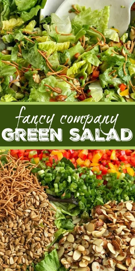 Company Green Salad | Salad Recipe | Side Dish Recipe | Fancy Company Green Salad is a perfect weeknight side dish or fancy enough for company! Crisp, bright greens with crunchy rice noodles, sweet red & yellow peppers, sugared almonds, salty sunflower kernels, and green onions. Topped with a simple dressing. This salad is the perfect blend of texture, color, and flavor. #sidedish #saladrecipes #greensalad #healthyrecipe #recipeoftheday Recipes Fancy, Crunchy Rice, Salad Recipes For Parties, Lettuce Salad Recipes, Fancy Salads, Sugared Almonds, Salads For A Crowd, Side Salad Recipes, Simple Dressing