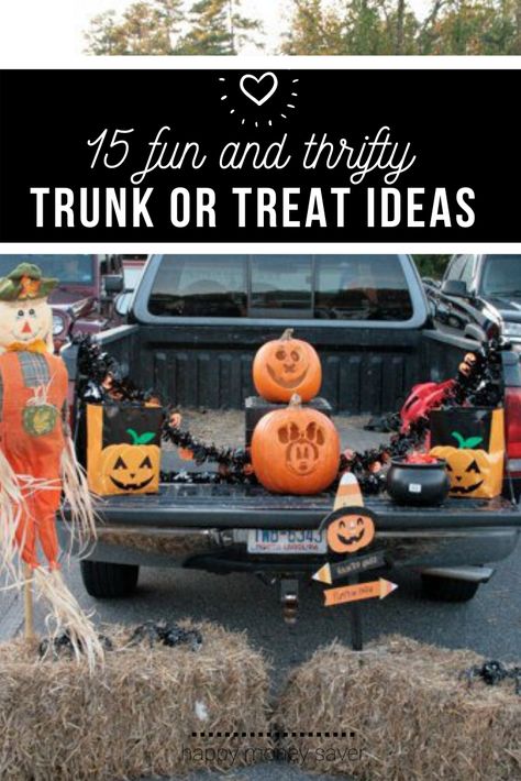 Trunk or treats can be so fun, but having to plan out a cute trunk can be super stressful! Here are 15 of my best diy trunk decorating ideas that everyone can do!! #easydiy #halloween #thriftytips #trunkortreat | happymoneysaver.com Thrifty Trunk Or Treat Ideas, Trunk Or Treat For Sedans, Trunk Or Treat For Pickup Trucks, Easy Trunk Or Treat Ideas For Pick Up Trucks, Simple Diy Trunk Or Treat Ideas For Cars, Trunk Or Treat With A Truck, Easy Trunk Or Treat Ideas For Suv Diy, Trunk Or Treat Themes For Trucks, Truck Ideas For Trunk Or Treat