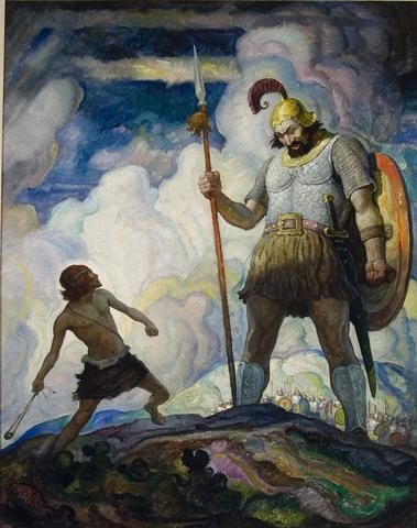 Finally, the great scene of boyhood, the scene which will endear its hero to every generation of boys forever, the original of all the Jack the Giant Killer stories--David and Goliath – Works – N. C. Wyeth Catalogue Raisonné – Collections David Bible, N C Wyeth, Good Housekeeping Magazine, Nc Wyeth, Howard Pyle, David And Goliath, Religious Paintings, 500 Piece Jigsaw Puzzles, Good Housekeeping