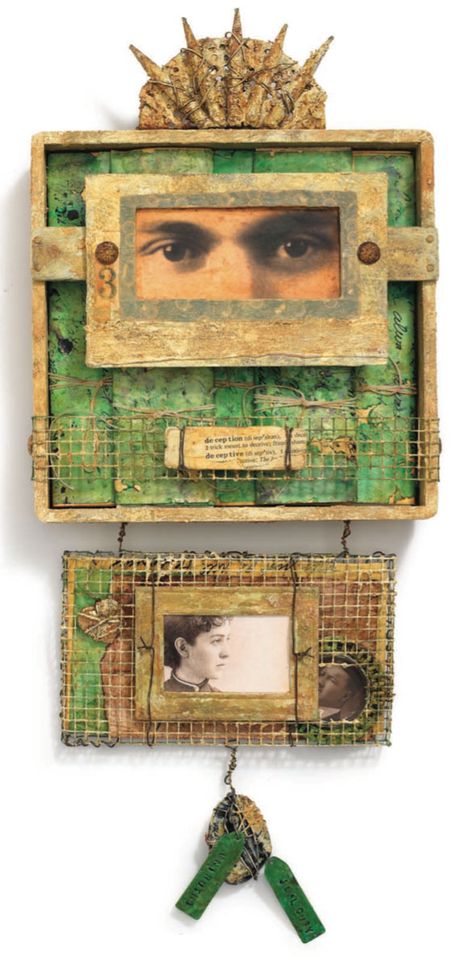 Assemblage Art Collage, Assemblage Art Mixed Media, Shrines Art, Cloth Paper Scissors, Clay Techniques, Upholstery Tacks, Antique Locket, Mixed Media Sculpture, Found Object Art