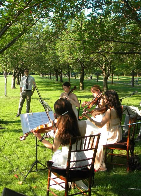 string quartet for our outdoor wedding :) Wedding String Quartet, Wedding Ceremony Exit Songs, Wedding Quartet, String Quartet Wedding, Wedding Exit Songs, Head Table Wedding Backdrop, Another Love Song, Wedding Table Garland, Green Wedding Decorations