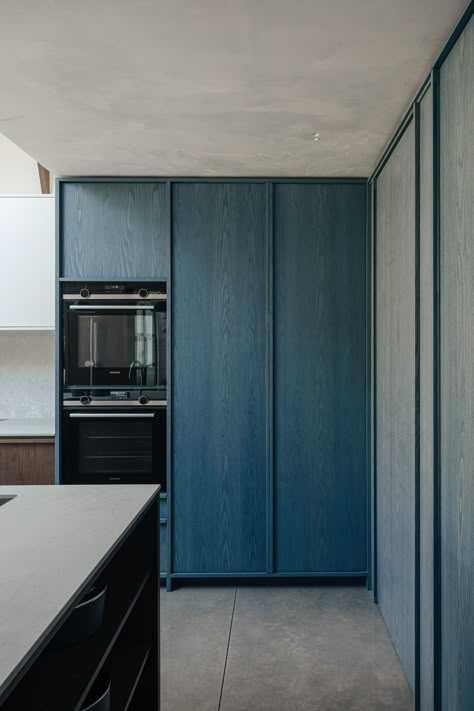 The Highgate Woods House Blue Wood Kitchen, Edwardian Terrace House, Plywood Interior, Tiny Furniture, Shelving Design, Kitchen Views, Kitchen Hoods, Green Interiors, Roof Design