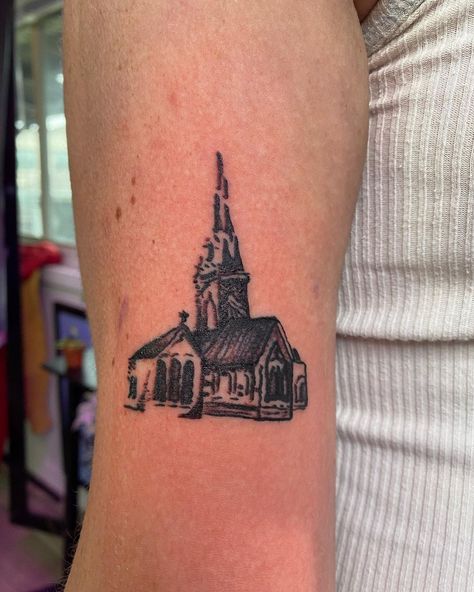 Gothic Church Tattoo, Traditional Religious Tattoo, Midwest Gothic Tattoo, Traditional Biblical Angel Tattoo, Satellite Tattoo, Goth Architecture Tattoo, Church Tattoo, Austin Tattoo, Negative Space Tattoo