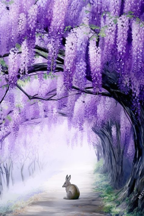 Step into a whimsical world of wisteria trees, surrounded by vibrant orchids and a charming bunny portrait. Let the romantic scenery and free brushwork transport you to a dreamy escape. Wisteria Tree Drawing, Wisteria Tree Tattoo, Wisteria Tree Painting, Wisteria Forest, Tat Sleeve, Wisteria Art, Wisteria Trees, For Drawing, Bunny Portrait