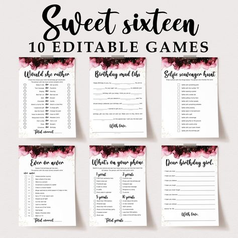 Sweet 16 Games Bundle Instant Download Burgundy and Gold Sixteenth Birthday Party Activities Package Editable Printable Would She Rather BG5 Sweet 16 Party Activities, Sweet 16 Games, Sweet Sixteen Birthday Party Ideas, Would She Rather, Sixteenth Birthday, Sweet Sixteen Parties, Birthday Party Activities, Sweet 16 Birthday Party, Sweet Sixteen Birthday