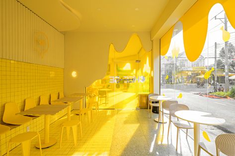 Burger Store Interior, Yellow Store Design, Pasta Shop Design Interiors, Chicken Shop Design, Yellow Interior Design, Yellow Restaurant, Pasta Shop, Barber Shop Interior, Modern Restaurant Design