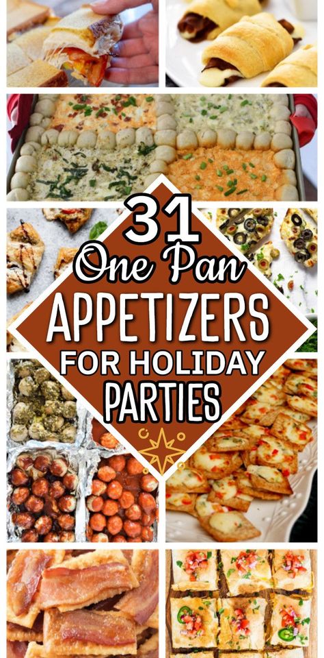 31 One Pan Appetizers For Holiday Parties - super simple appetizer recipes, finger foods and shareable snacks for party events over the Holiday (Thanksgiving, Christmas and New Years) - frugal snacks to serve for cheap party food that is still impressive, festive and feeds a crowd! Friendsmas Snack Ideas, Easy Holiday Snacks Christmas Appetizers, Holiday Party Orderves, Easy Christmas Eve Finger Foods, New Year Cooking Ideas, Party Meal Ideas For A Crowd, Christmas Finger Foods For A Crowd, Christmas Appetizers Easy And Cheap, Cheap Food To Feed A Crowd