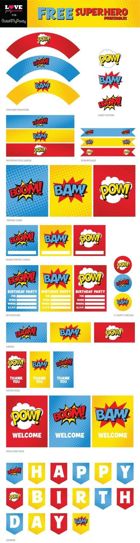 Free superhero party printables | Catchmyparty.com Superhero Party Printables, Festa Power Rangers, Superman Party, Wonder Woman Birthday, Batman Party, Batman Birthday, Party Invitations Printable, Superhero Birthday Party, Party Printables Free