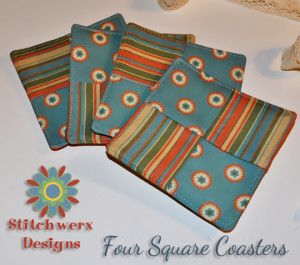 Four Square Coasters Sewing Pattern Free Tutorial! Easy to Make! Great shower, housewarming or party gift! Diy Quilted Coasters, Quilting Coasters Patterns, Fabric Scrap Coasters Diy, Homemade Coasters Fabric, Sewing Coasters, 5 Inch Quilted Coaster, Coasters Sewing, Coaster Sewing, Coasters Quilted