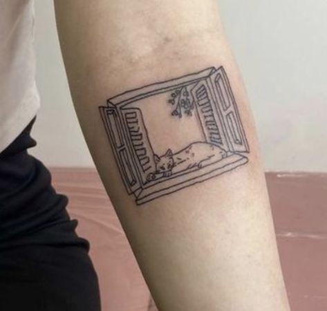 Small Window Tattoo, Cat In Window Tattoo, Cat In A Window, Piano Tattoo, Window Tattoo, Aesthetic Tattoo Ideas, Heart Tattoo Wrist, Artsy Tattoos, Shin Tattoo