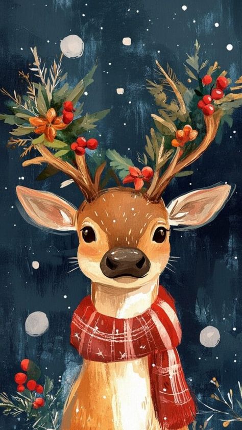 Cute Aesthetic Christmas Pictures, 2025 Painting Ideas, Christmas Card Wallpaper, Merry Christmas Eve Wallpaper, Rudolph Aesthetic Wallpaper, Christmas Animal Art, How To Paint Christmas, Christmas Paintings Aesthetic, Winter Drawings Christmas