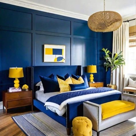 Blue And Yellow Bedding, Bedroom Decor Blue, Mustard Bedroom, Blue And Gold Bedroom, Navy Blue Bedrooms, Blue Bedroom Design, White Bedroom Decor, Blue Bedroom Decor, Bedroom Upgrade