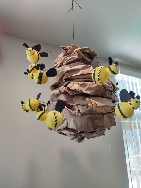 Kids, buggy, party, bumblebee, hive, craft paper, styrofoam, diy, birthday, decorations Bugs Life Decorations, Lifeway Vbs 2025 Magnified Decorations, Giant Bugs Diy, Vbs 2025 Magnified Decorations, Magnified Vbs 2025 Decorations, Bug Decorations, Vbs Magnified, Rosh Hashana Crafts, Bee Hives Diy