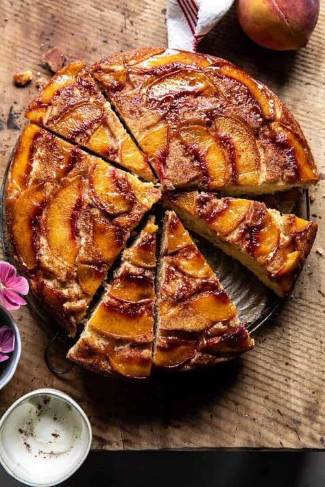 Skillet Cinnamon Sugar Peach Upside Down Cake | halfbakedharvest.com Peach Upside Down Cake, Half Baked Harvest Recipes, Skillet Cake, Basic Cake, Peach Cake, Warm Cake, Harvest Recipes, Half Baked, Peach Recipe