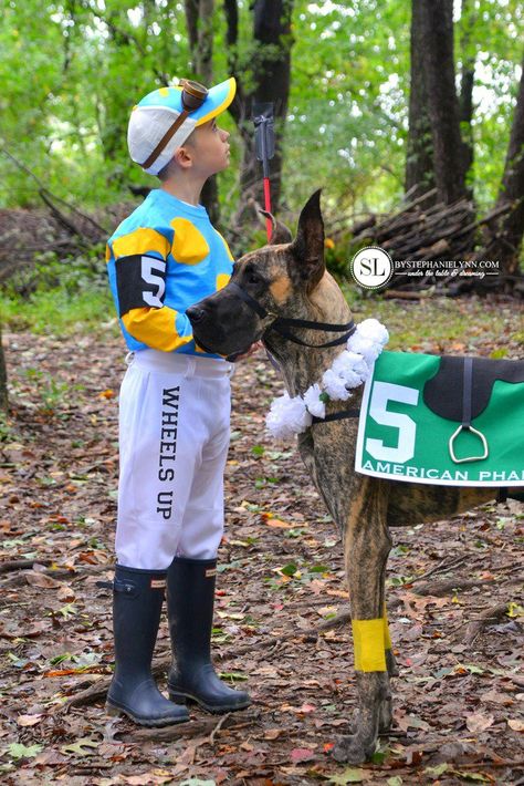 Homemade Jockey Race Horse Kid and Dog Costume michaelsmakers _zpsxa8jtvgl Jockey Costume, Diy Pet Costumes, Diy Dog Costumes, Horse Costumes, Race Horse, Diy Costumes Kids, Games Diy, Masks Diy, Cat Halloween Costume