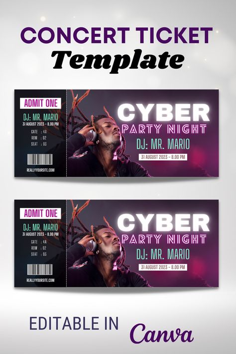 Use Concert Ticket template, to create a DIY ticket for your favorite concert, music festival, or major sporting event. Surprise your friend or family with a gift that they'll never forget! Diy Ticket, Event Ticket Template, Concert Ticket Template, Boarding Pass Template, Concert Ticket, Ticket Template, Admit One, Concert Tickets, Party Night