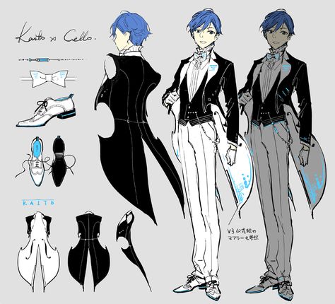 Miku symphony 2018 Kaito x Cello Butler Outfit, Vocaloid Characters, Poses References, Fashion Design Drawings, Character Design Male, Drawing Clothes, Fantasy Clothing, Character Outfits, Manga Drawing