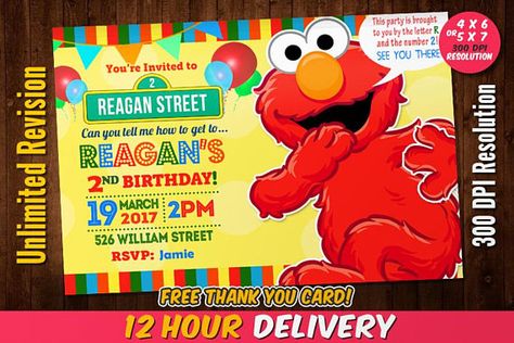 Elmo Birthday Invitation with FREE Thank You Card Sesame Elmo Pictures, Sesame Street 2nd Birthday, Elmo Invitations, Elmo Birthday Invitations, Sesame Street Invitations, Picture Invitations, The Number 2, Paw Party, Invitation 1st Birthday