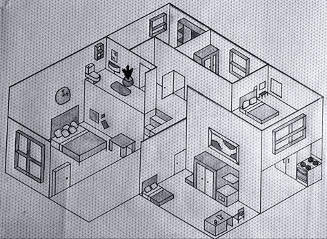 Isometric house Isometric House, Autocad Isometric Drawing, Interior Design Sketchbook, Isometric Drawing, Design Sketchbook, Study Design, House Illustration, House Inside, 1st Year