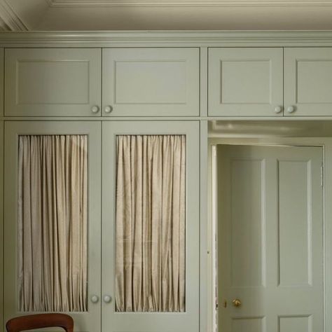 Jessica Buckley Interiors on Instagram: "Another view of the beautiful bedroom we completed recently completed for our Edinburgh clients. We maximised storage space by designing this built-in wardrobe to go up and over the door with gently gathered fabric panels are behind glass for a neat polished look." Wardrobe With Fabric Doors, Jessica Buckley, Gathered Fabric, Beautiful Bedroom, Built In Wardrobe, Go Up, Beautiful Bedrooms, Fabric Panels, Polished Look