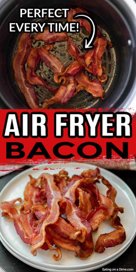 Air fryer bacon recipe takes just minutes to make and you can enjoy crispy and delicious bacon. Gone are the days of standing over a hot stove frying bacon! Learn how to make bacon in air fryer. #eatingonadime #airfryerbacon Bacon In The Air Fryer, Air Fry Bacon, Easy Bacon Recipes, Recipes For Air Fryer, Air Fryer Bacon, Breakfast Bacon, Air Fryer Breakfast, Air Fryer Ideas, How To Make Bacon