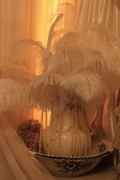 Pearls And Feathers Aesthetic, Burlesque Interior, Feathers In Vase, Feather Aesthetic, Sparkling Flowers, Flea Market Style, Feather Decor, Pearl And Lace, Victorian Women