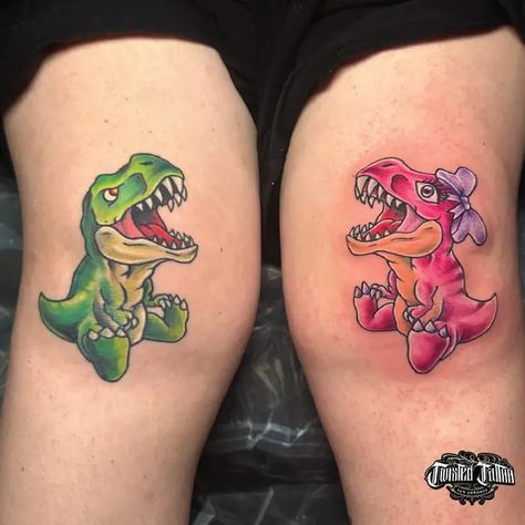 Color Cute Matching Cartoon T Rex Dinosaur Tattoo Idea & Design on Women Thigh Cute Matching Cartoon T Rex Dinosaur Tattoo Done At Sibling Dinosaur Tattoo, Friend Dinosaur Tattoos, Cartoon T Rex Tattoo, Dinosaur Couple Tattoo, Cartoon Matching Tattoos, Baby Dinosaur Tattoo, Cartoon Dinosaur Tattoo, Matching Dinosaur Tattoos, T Rex Tattoo