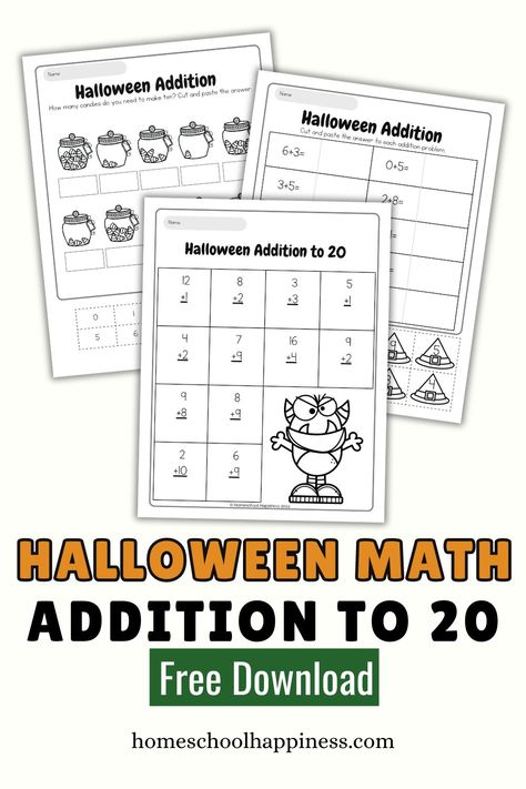 Make math practice more fun with our free Halloween Addition Worksheets! Perfect for kids in grades K-2, these spooky-themed printables help young learners master addition facts up to 20 while enjoying festive designs like pumpkins and ghosts. With five pages of addition problems, your child will playfully build math and fine motor skills. Download now and add some Halloween magic to your homeschool routine! 🎃📚✂️ #homeschool #freeprintables #halloweenmath Halloween Addition Worksheets, Halloween Addition, Master Addition, Pumpkin Math, Make Math Fun, Pumpkin Activities, Homeschool Routine, Addition Facts, How To Teach Kids