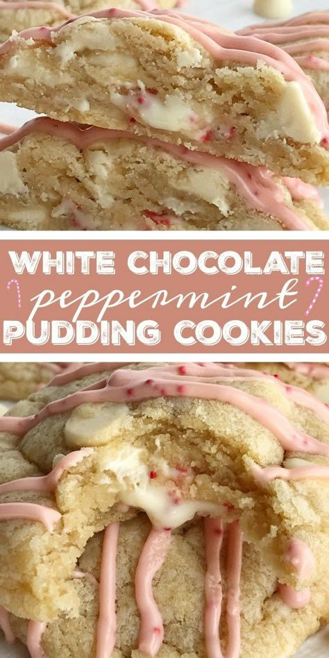 White Chocolate Peppermint Pudding Cookies | Peppermint Cookies | Christmas Cookies | Hershey's Candy Cane Kisses | Soft baked white chocolate pudding peppermint cookies that are stuffed with a Hershey's candy cane kiss! These are the best Christmas cookies you'll ever have. Sweet, soft, thick, stuffed with a candy cane kiss, and drizzled with melted candy cane kisses. #christmasrecipes #holidayrecipes #peppermint #cookies #candycane #dessert #dessertrecipes #recipeoftheday Peppermint Hershey Kiss Recipes, Stuffed Christmas Cookies, Peppermint Cookies Christmas, Cookies Peppermint, White Chocolate Pudding, Melted Candy, Peppermint Recipes, White Chocolate Peppermint, Recipes Potato