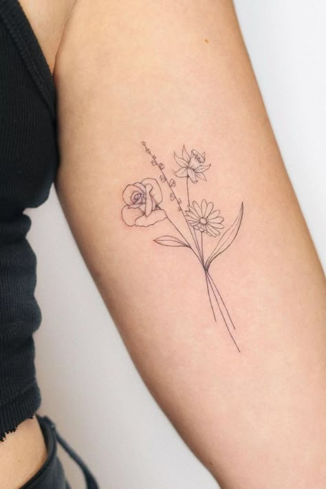 Minimalist Flower Tattoo Arm, Daffodil Rose Poppy Tattoo, Group Of Flowers Tattoo, Self Discovery Tattoo Ideas, Small Floral Bouquet Tattoo, Daffodil And Carnation Tattoo, 5 Flower Bouquet Tattoo, Row Of Flowers Tattoo, Delicate Flower Tattoo Ribs